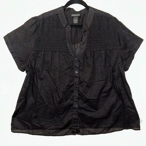 Lane Bryant Blouse Button Down With Mandarin Collar V-neck With Smocking/striped